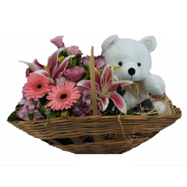 Cesta de Flores com Pelúcia e Chocolate