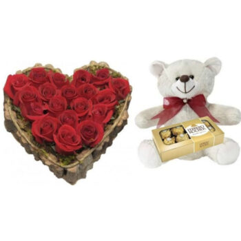 Kit coração de rosas, pelúcia e chocolate ferrero rocher